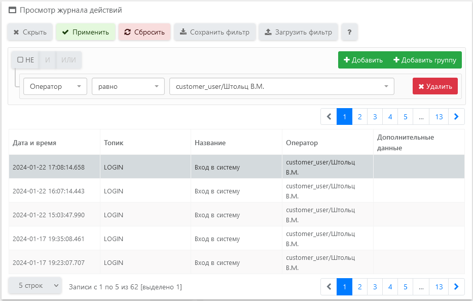 просмотр журнала действий